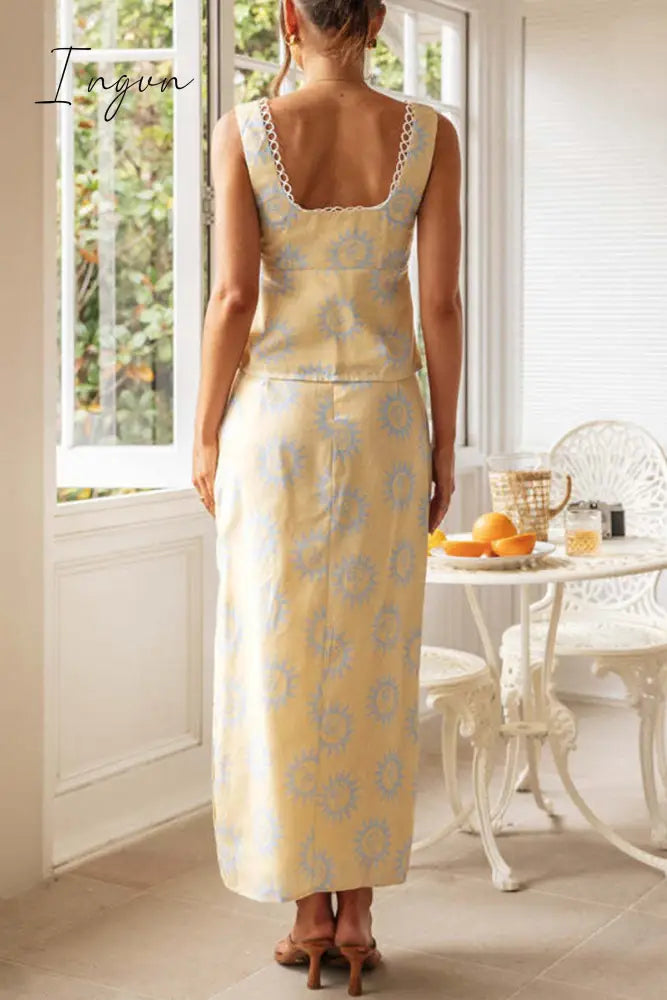 Ingvn - Sexy Floral Frenulum Slit Square Collar Sleeveless Two Pieces