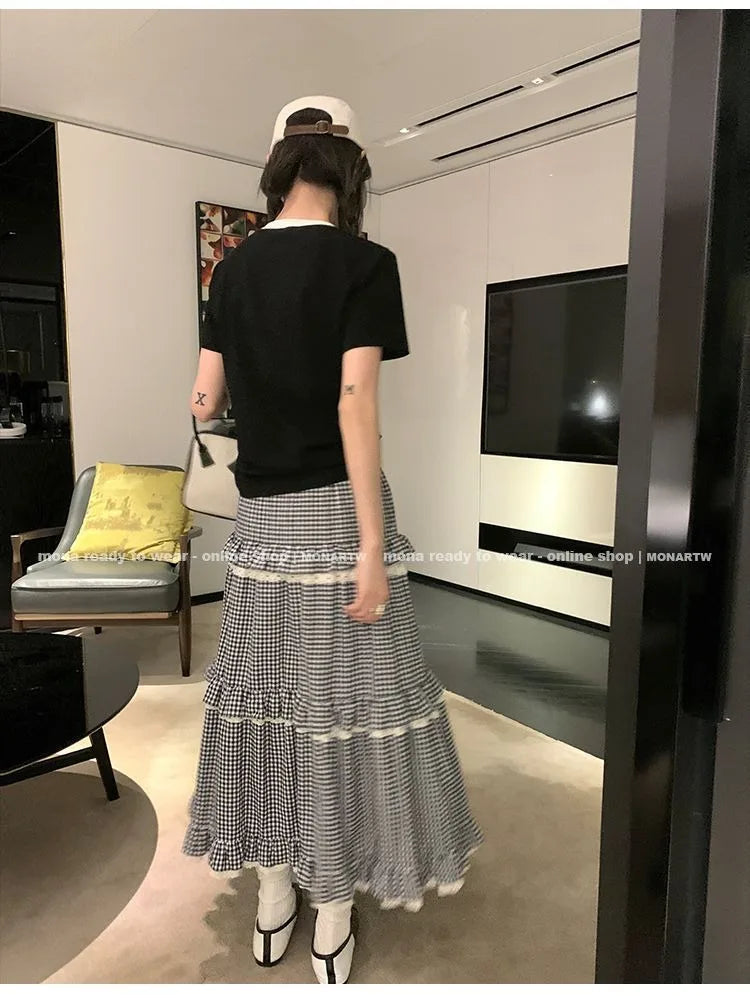 Japanese Vintage Lace Cake Skirt Plaid Edge of Fungus Skirts for Woman Summer Slim Long Dress Korean Fashion Faldas