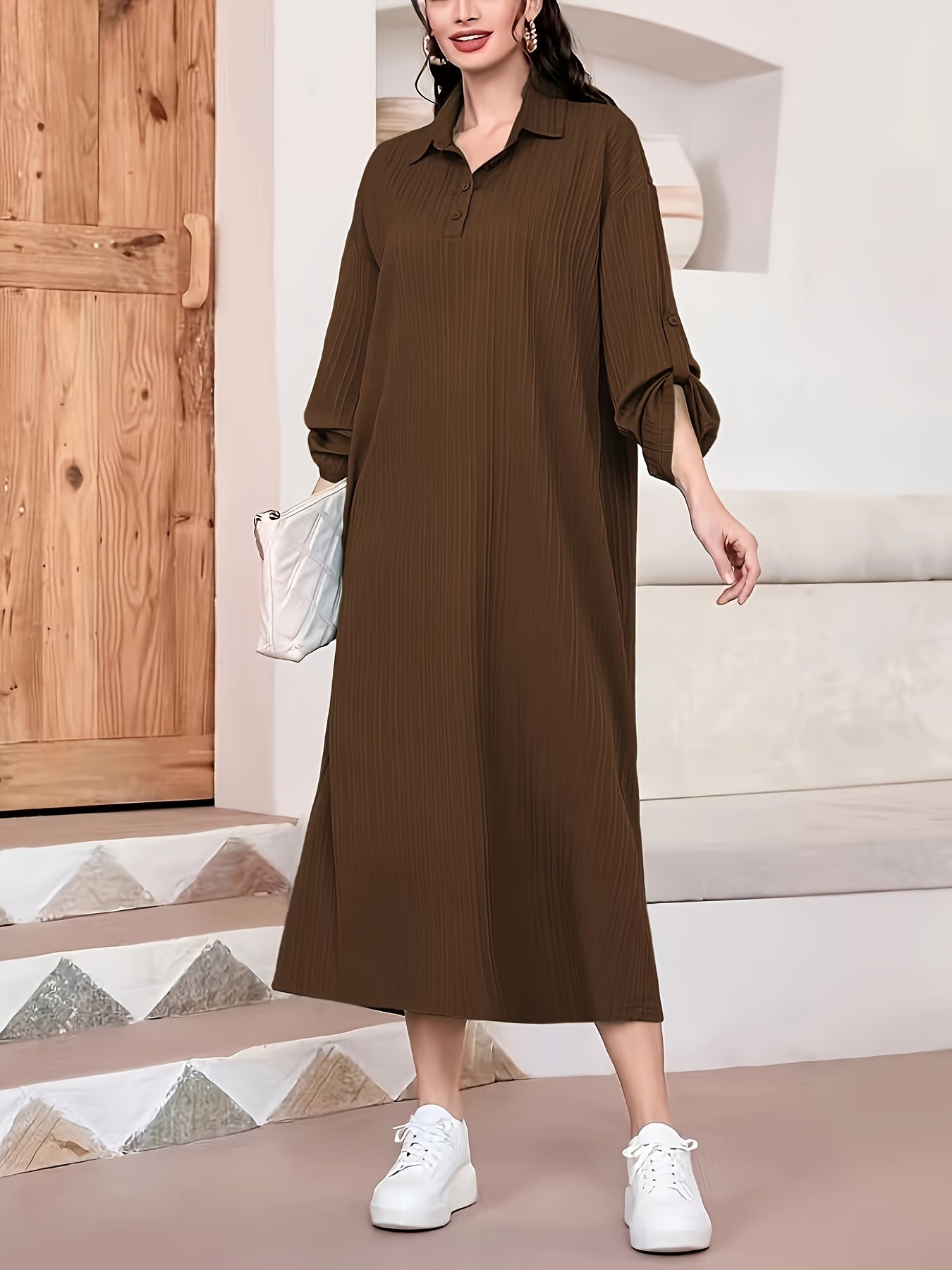 Elegant Women's Solid Textured Half Button Collared Midi Dress with Adjustable Long Sleeves for Spring & Fall