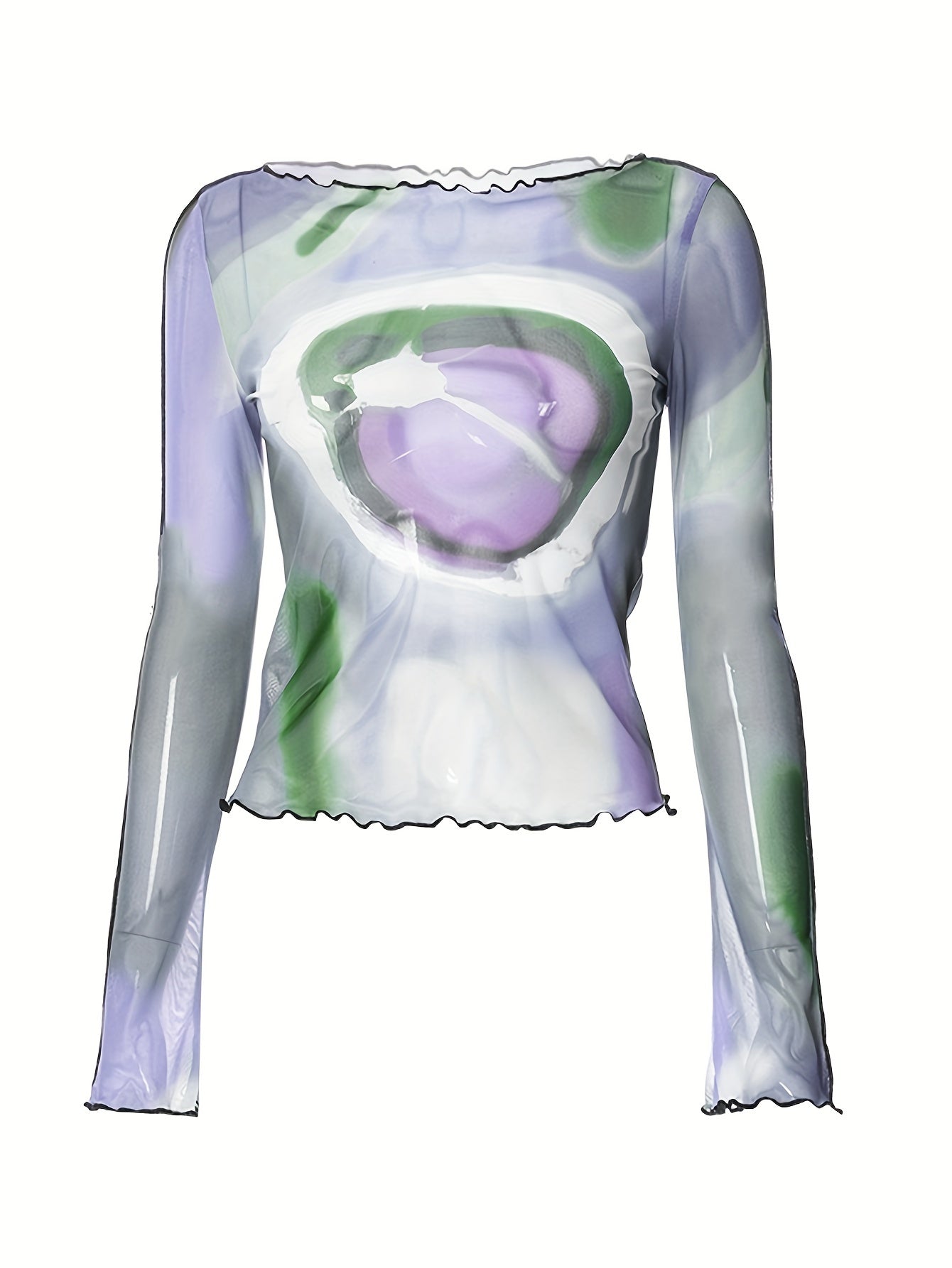 Off-Shoulder Sun & Moon Print T-Shirt with Ruffle Trim - 95% Polyester 5% Elastane Knit Fabric, Young Style Regular Length Top for Spring/Summer/Fall