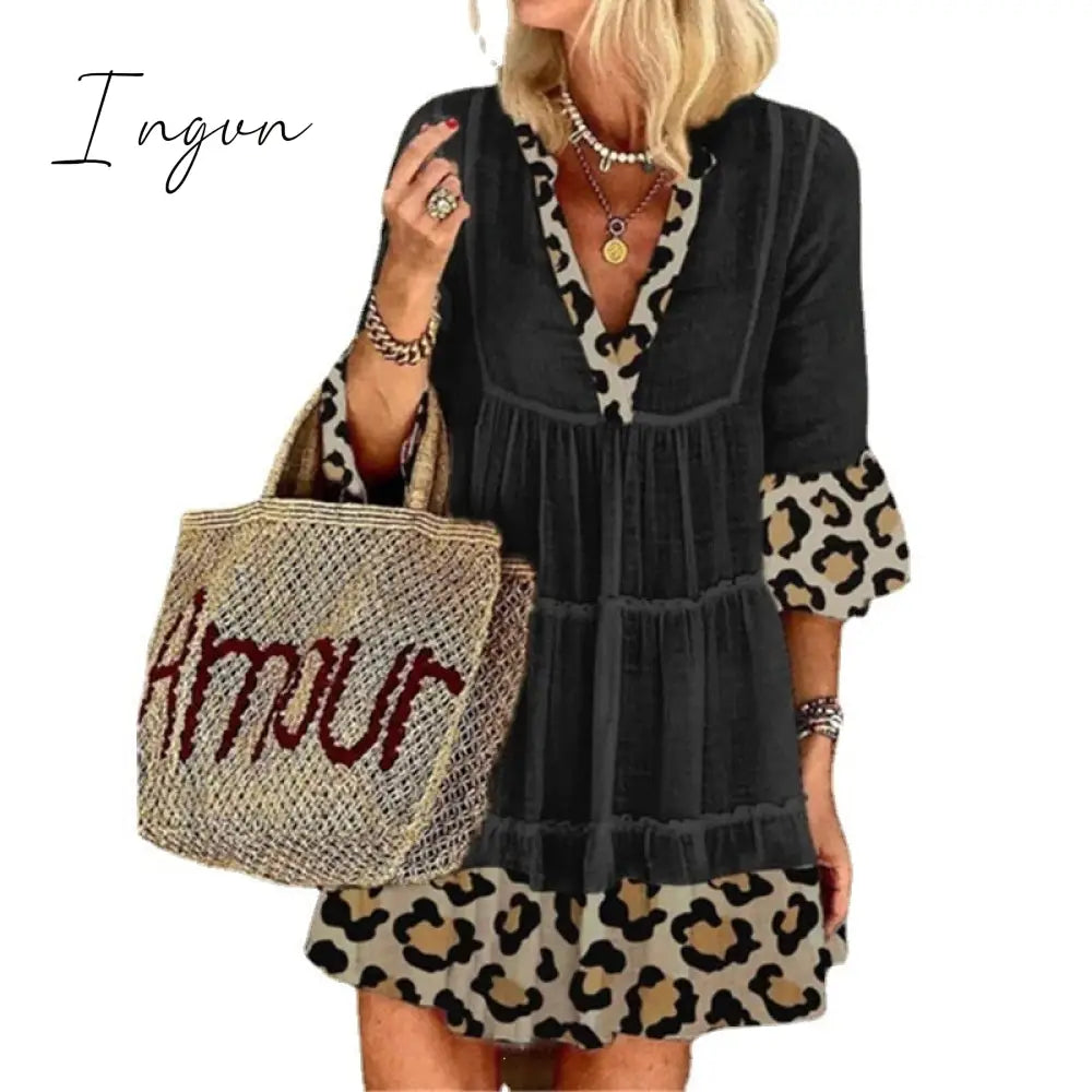 Ingvn - Summer Women's Fashion Leopard Print Stitching Cotton and Linen Dress Loose Casual Bohemian Mid-length Dress Party Beach Dress