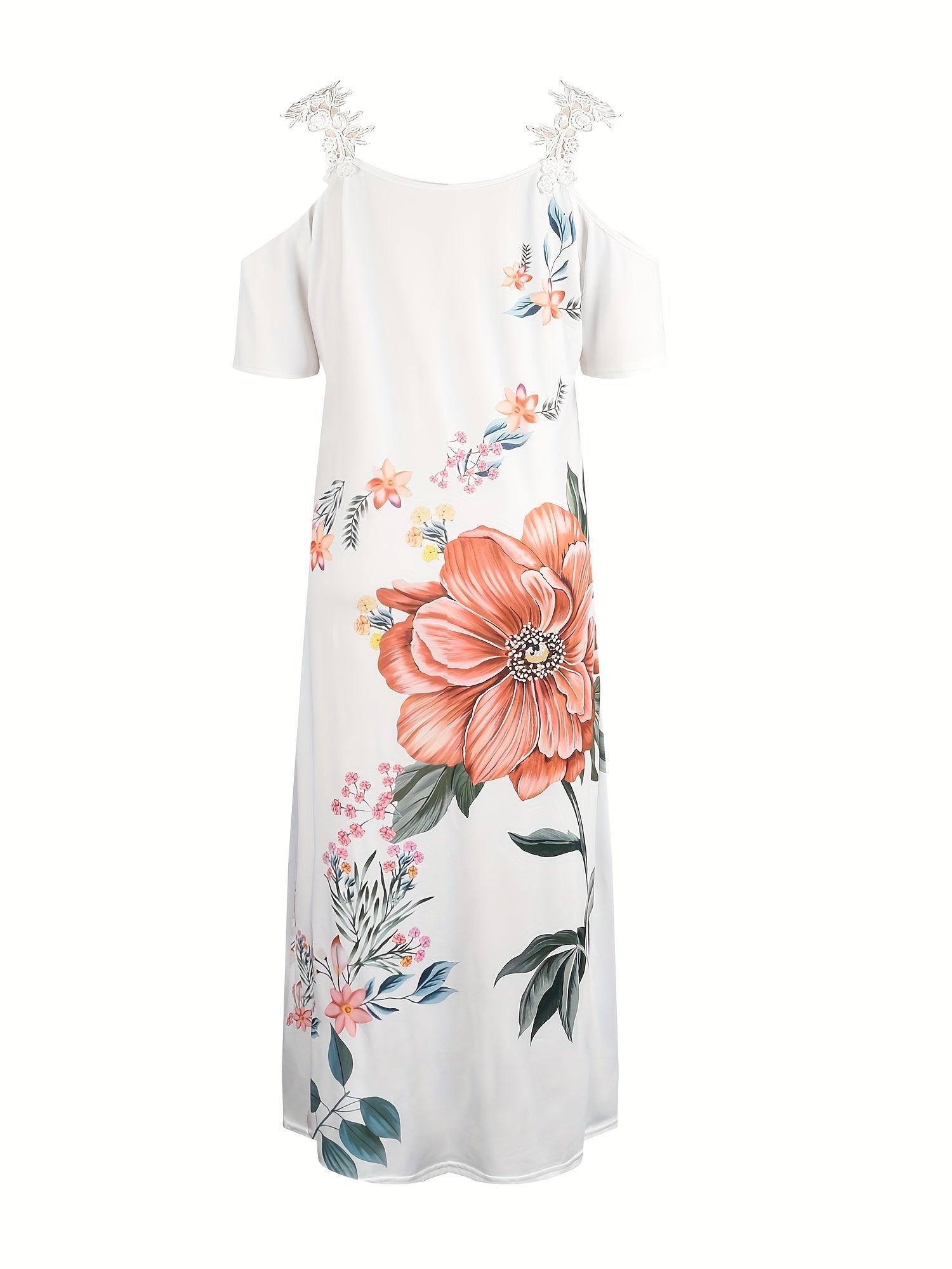 Floral Print Maxi Dress - Short Sleeve, V Neck, Casual, Lace Up, Women's Clothing for Everyday Wear