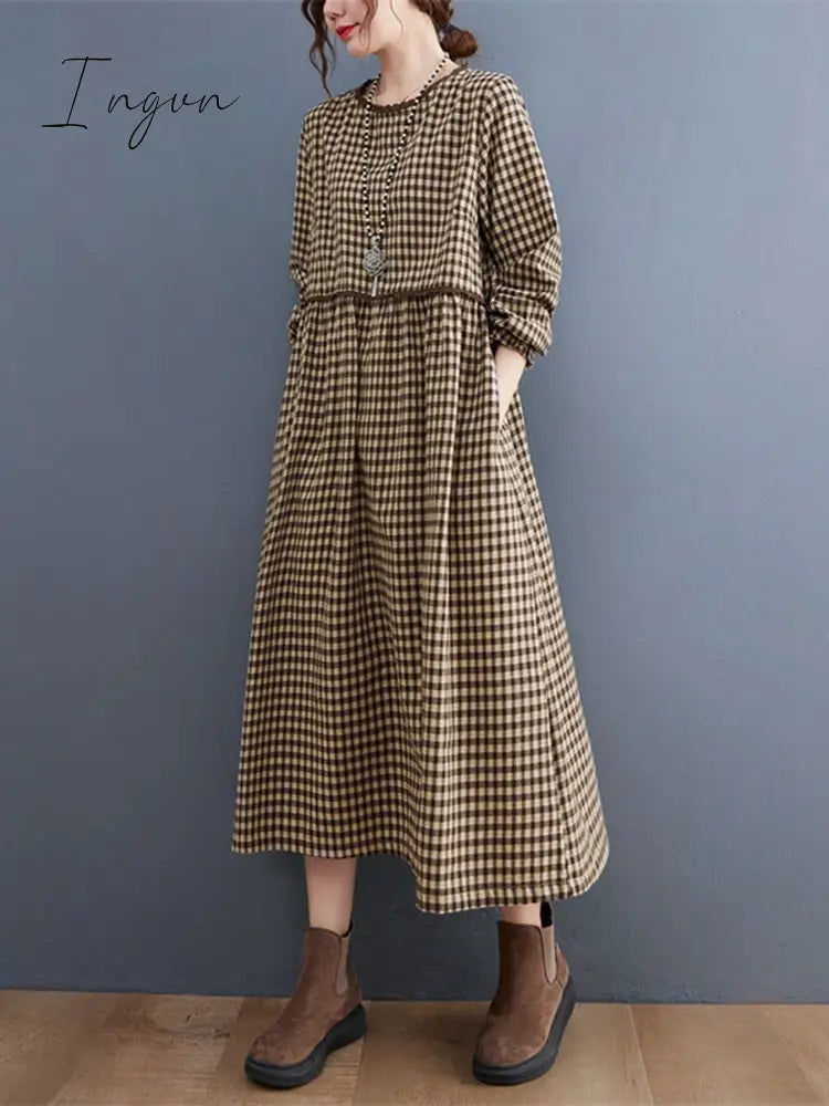 Ingvn - 2023 New Fashion Plaid Patchwork Lace Long Sleeve Autumn Dress Cotton Linen Office Lady Work Dress Women Casual Spring Dress