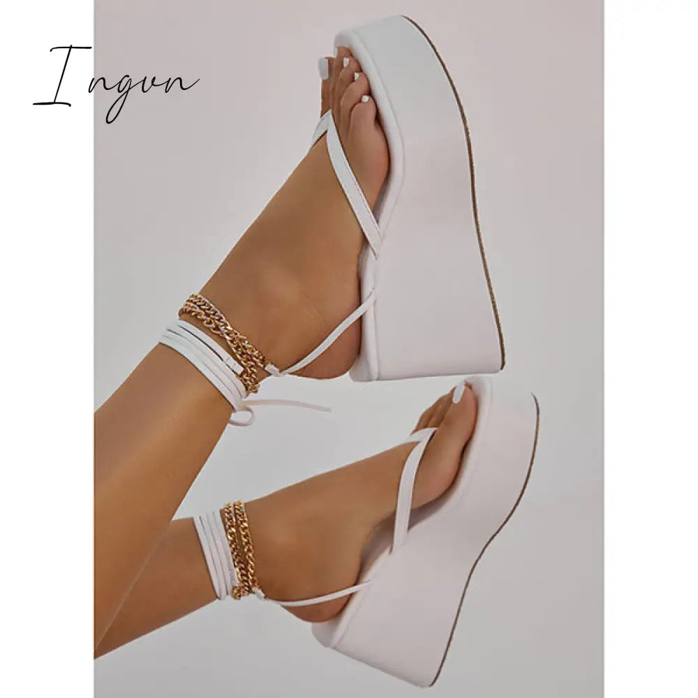 Ingvn - Ankle Chain Lace-Up Thong Entry Wedge Platform Sandals