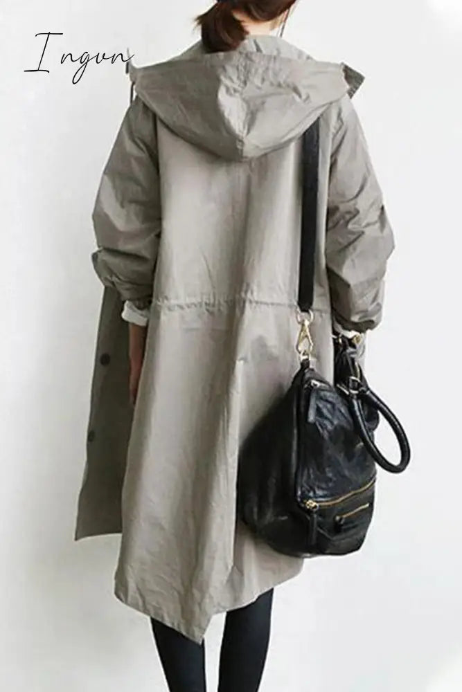 Ingvn - British Style Solid Pocket Buttons Hooded Collar Outerwear