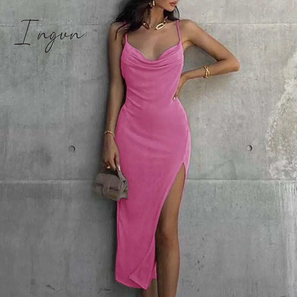 Ingvn - Spaghetti Strap Bodycon Dress Women Sexy Party Sleeveless Backless Solid Side Split Long Robe Elegant Commute Maxi Dresses