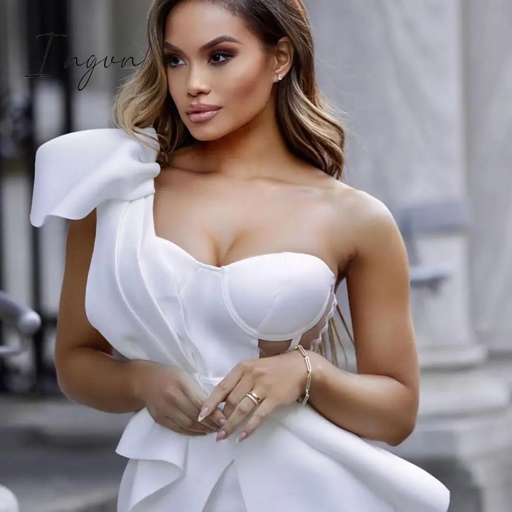 Ingvn - New Summer Fashion Women Bodycon Dress One Shoulder Bow Mesh Ruffle Sleeveless Bandage Dress Celebrity Party Evening Sexy