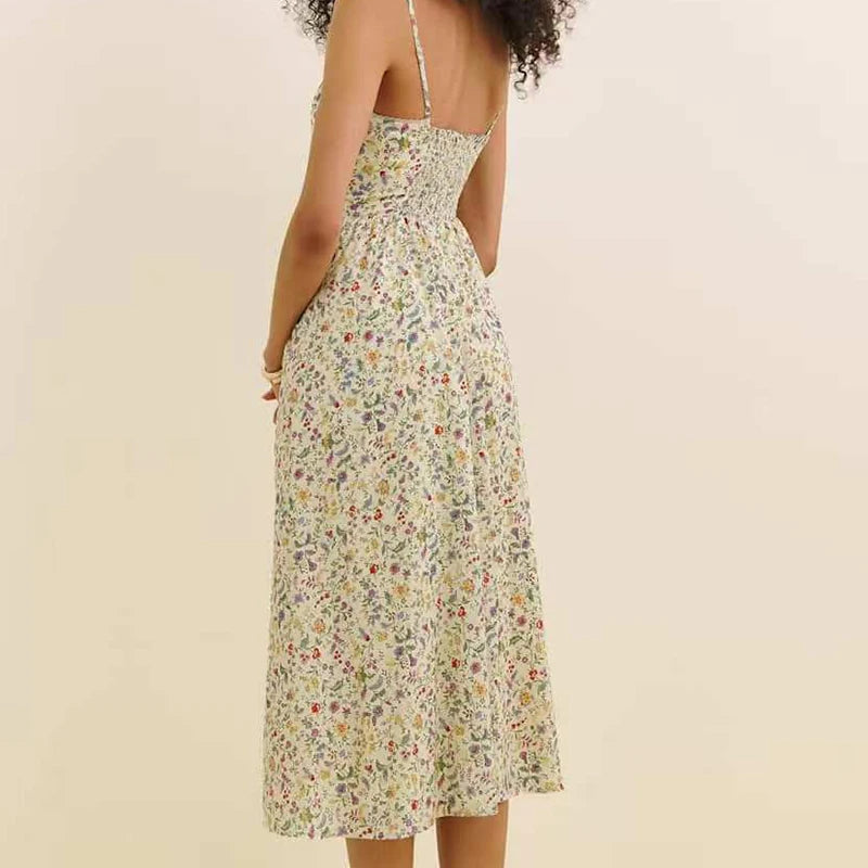 French Retro Floral Print Bow Sexy Spaghetti Straps Dress Women Elegant A-line Midi Casual Summer Dresses Holiday Robe