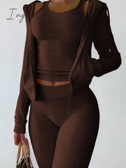 Ingvn - Double Face Fleece Three Piece Set Woman Long Sleeve Vest Hooded Drawstring Sweatpants Winter Sports Jogger Outfits