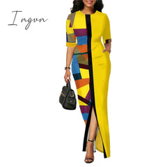 Ingvn - Ladies Fashion Half Sleeve Dress Women Elegant Round Collar Geometric Printing Splicing Temperament Maxi Dress For Ball Party