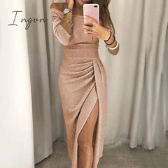 Ingvn - Spring Autumn Solid Women's Tunic Lady Evening Party Dresses Off Shoulder High Waist Long Dress Elegant Sexy Club Vestidos