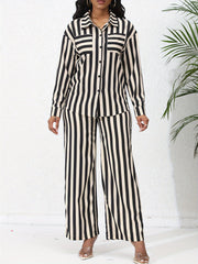 Chic Striped Print Two-Piece Outfit Set - Comfortable Button-Down Shirt & Flowy Wide Leg Pants - Casual Everyday Wear for Women