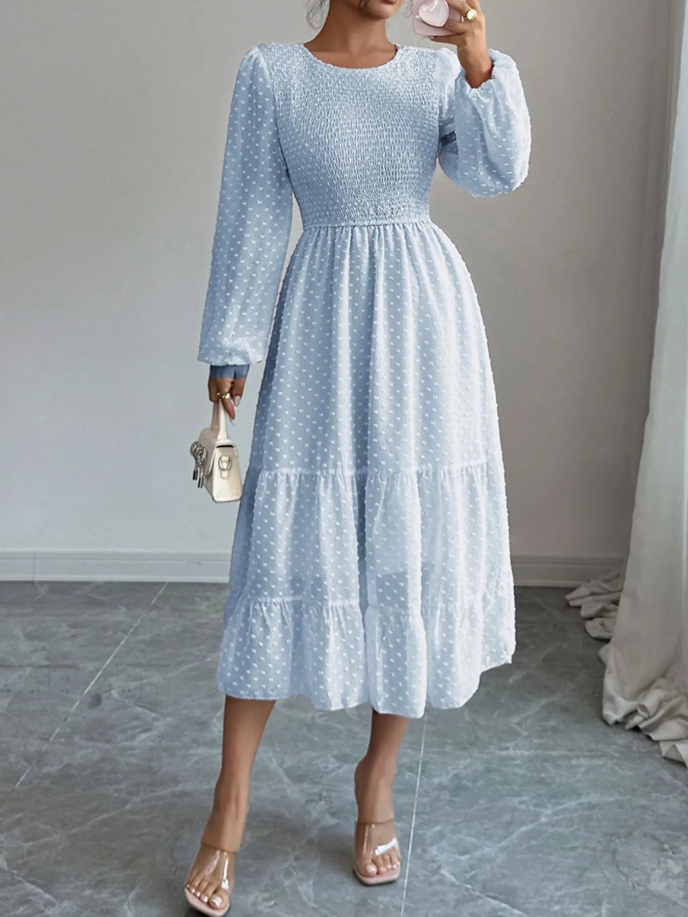 Polka Dot Long Sleeve Tiered Midi Dress