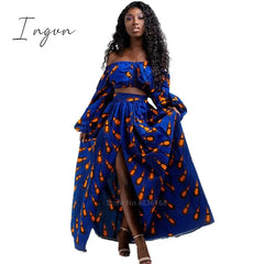 Ingvn - African Dresses for Women Autumn 2-piece Set Lady Full Sleeve Shoulder Off Festher Dashiki Print Split Skirts Africna Clothes