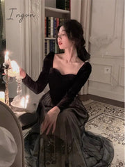 Ingvn - Elegant Long Sleeve Midi Dress Woman Slim French Vintage Velvet Dress Party Casual Korean Fashion Dress Female Autumn Chic