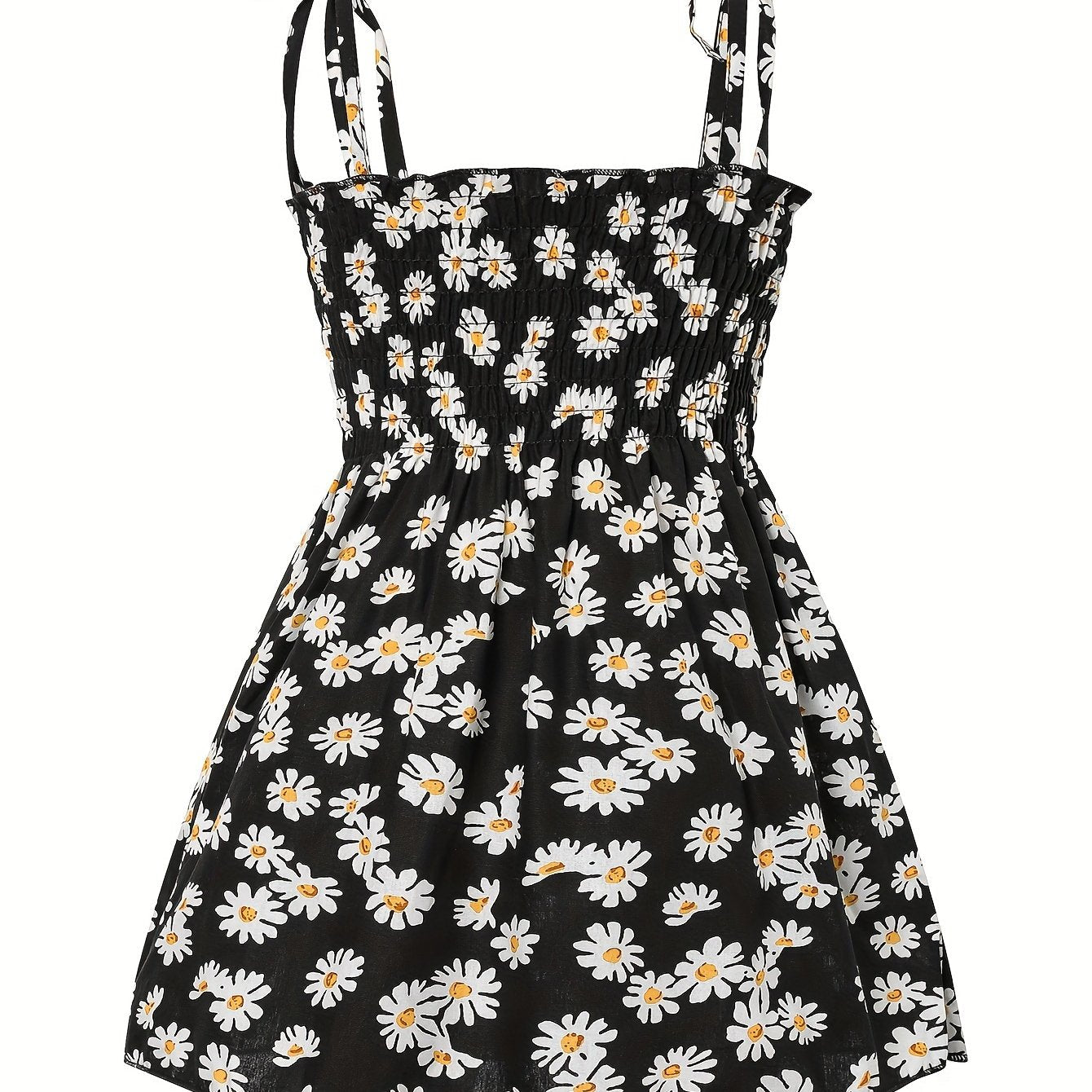 Cotton Little Girls Brief Slip Dress - Shirred, Random Daisy Print, Non-Stretch, Regular Fit, Cute Style - Perfect for Summer Beach Vacation and Outdoor Play