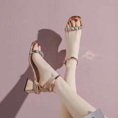 Sandals For Women Rhinestones Office Work With Medium Heels Square Woman Shoes One Word Diamond Luxury Premium Offer