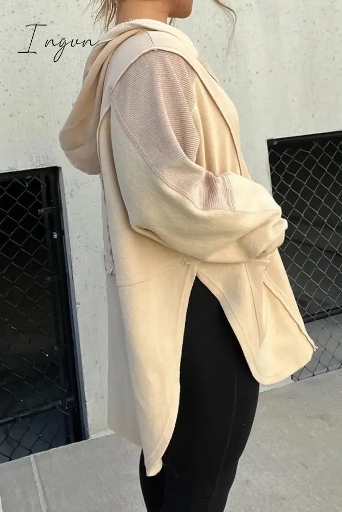 Ingvn - Casual Solid Pocket Slit Hooded Collar Tops