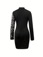 Solid Sequin Bag Hip Dress, Elegant Contrast Lace Cut Out Turtle Neck Long Sleeve Dress, Women's Clothing