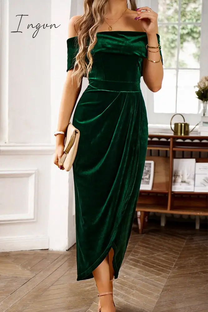 Ingvn - Elegant Solid Fold Off the Shoulder One Step Skirt Dresses