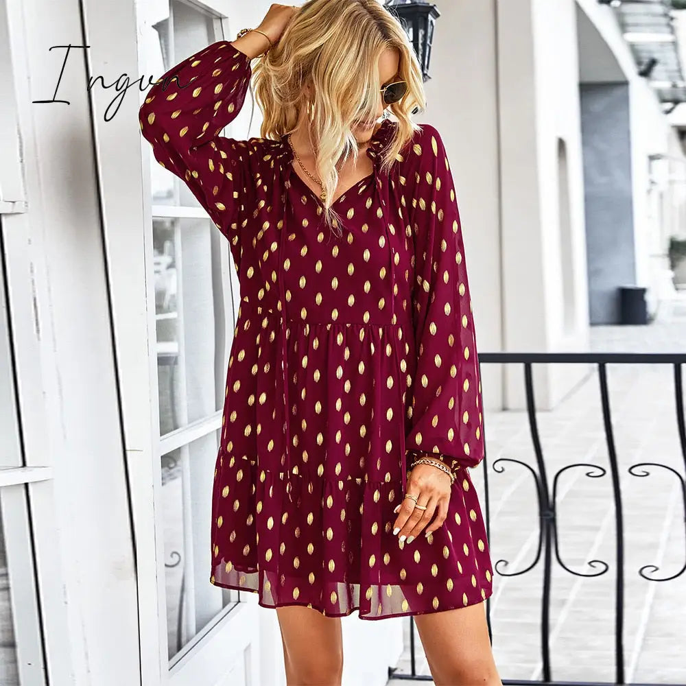 Ingvn - Ladies Vintage Dot Print Short Spring Autumn Boho Chiffon Dress Women Casual Party Dress Women Sundress Female Robe Vestidos