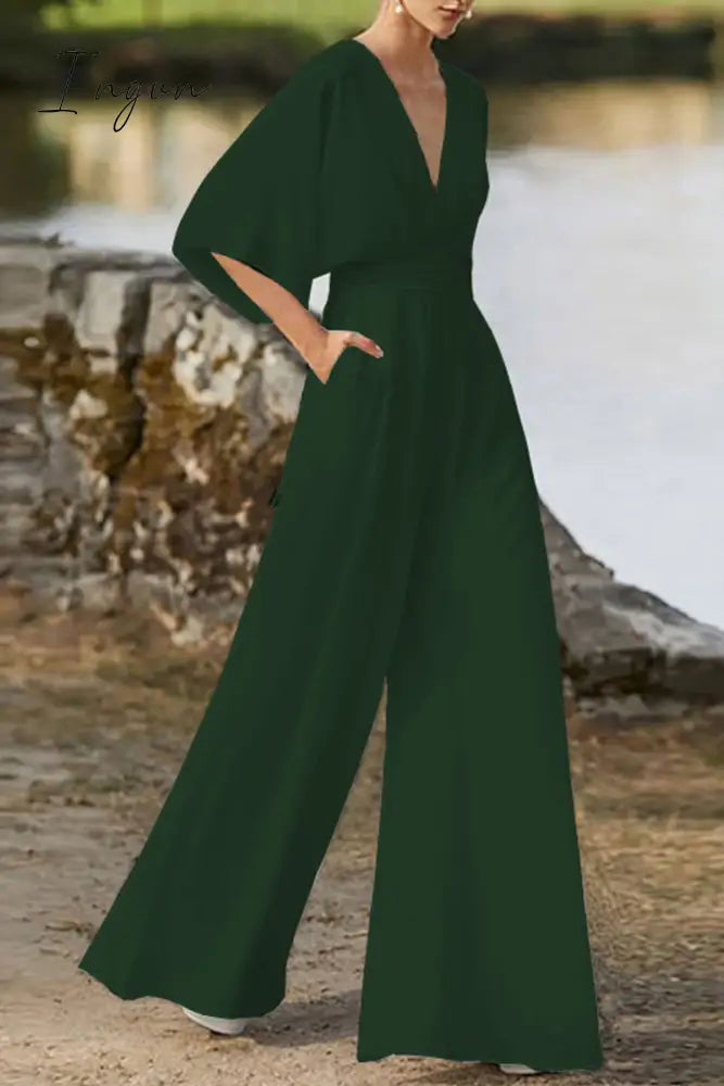 Ingvn - Elegant Solid Color V Neck Boot Cut Jumpsuits(7 Colors)