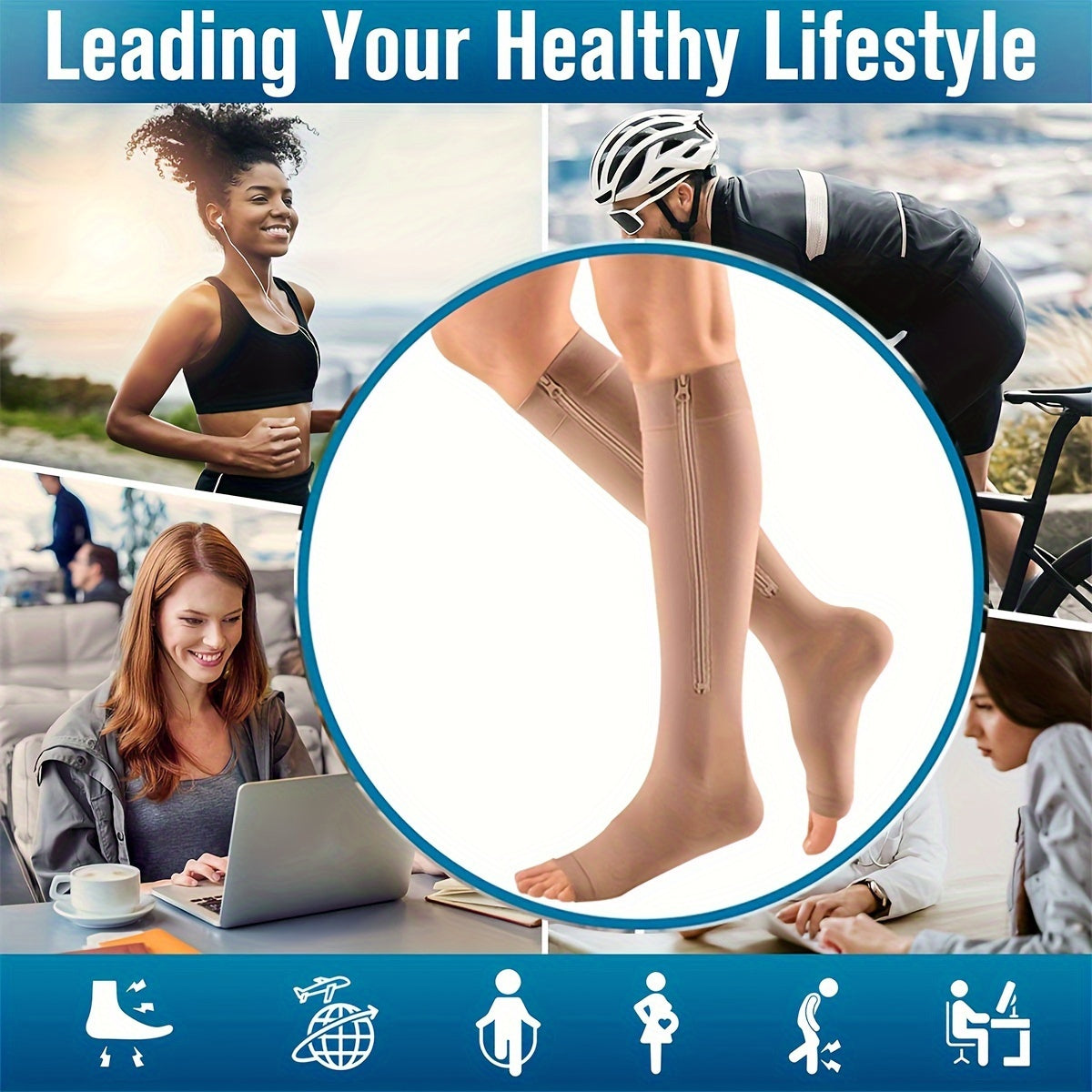 2 Pairs Compression Socks For Running, And Athletics - Open Toe, Zipper Closure, Thermal