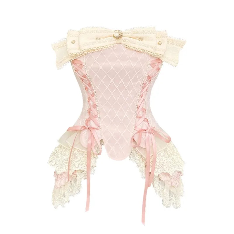 French Elegant Corset Suit Women Bow Tie Sexy Lace Tube Top White Shorts Two Piece Casual Fashion Summer Female Two Piece Set