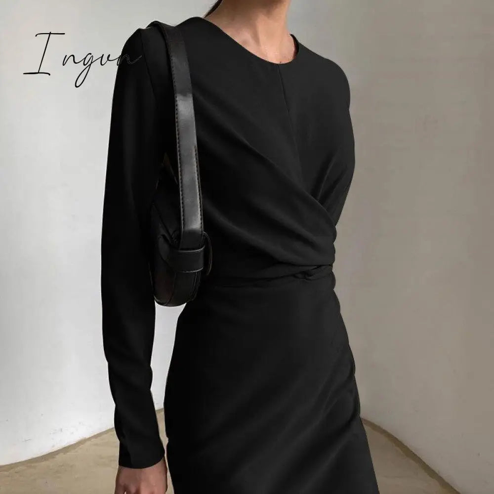 Ingvn - Autumn Elegant Women's French Dress Fashion Long Sleeves Casual Solid Color Dresses New High Waist Office Ladeis Party Vestidos
