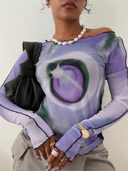 Off-Shoulder Sun & Moon Print T-Shirt with Ruffle Trim - 95% Polyester 5% Elastane Knit Fabric, Young Style Regular Length Top for Spring/Summer/Fall