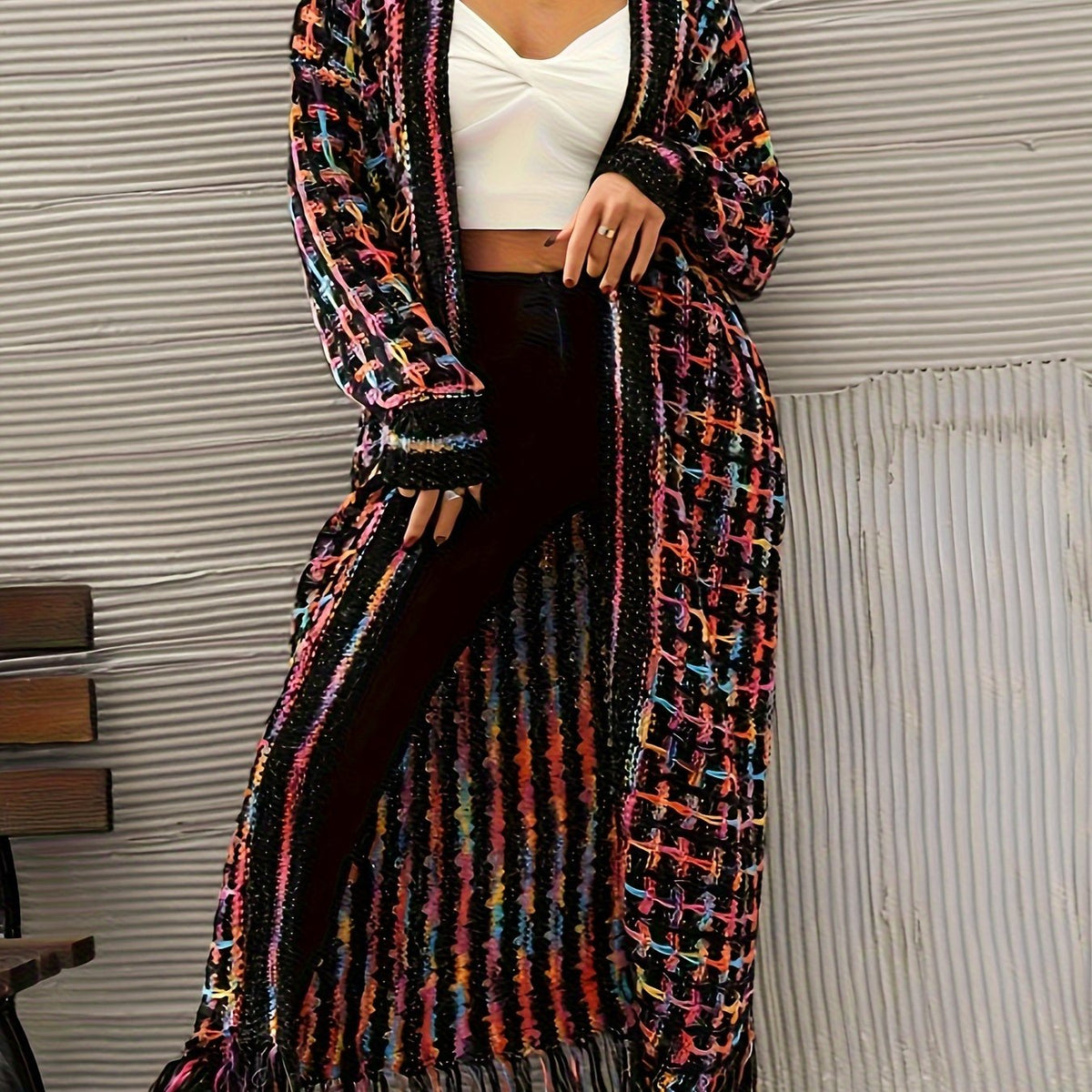 Plus Size Elegant Ombre Knitted Cardigan - Soft Slight Stretch Fabric, Tassel Hem, Long Sleeve, Open Front, Machine Washable - Perfect for Fall/Winter Season