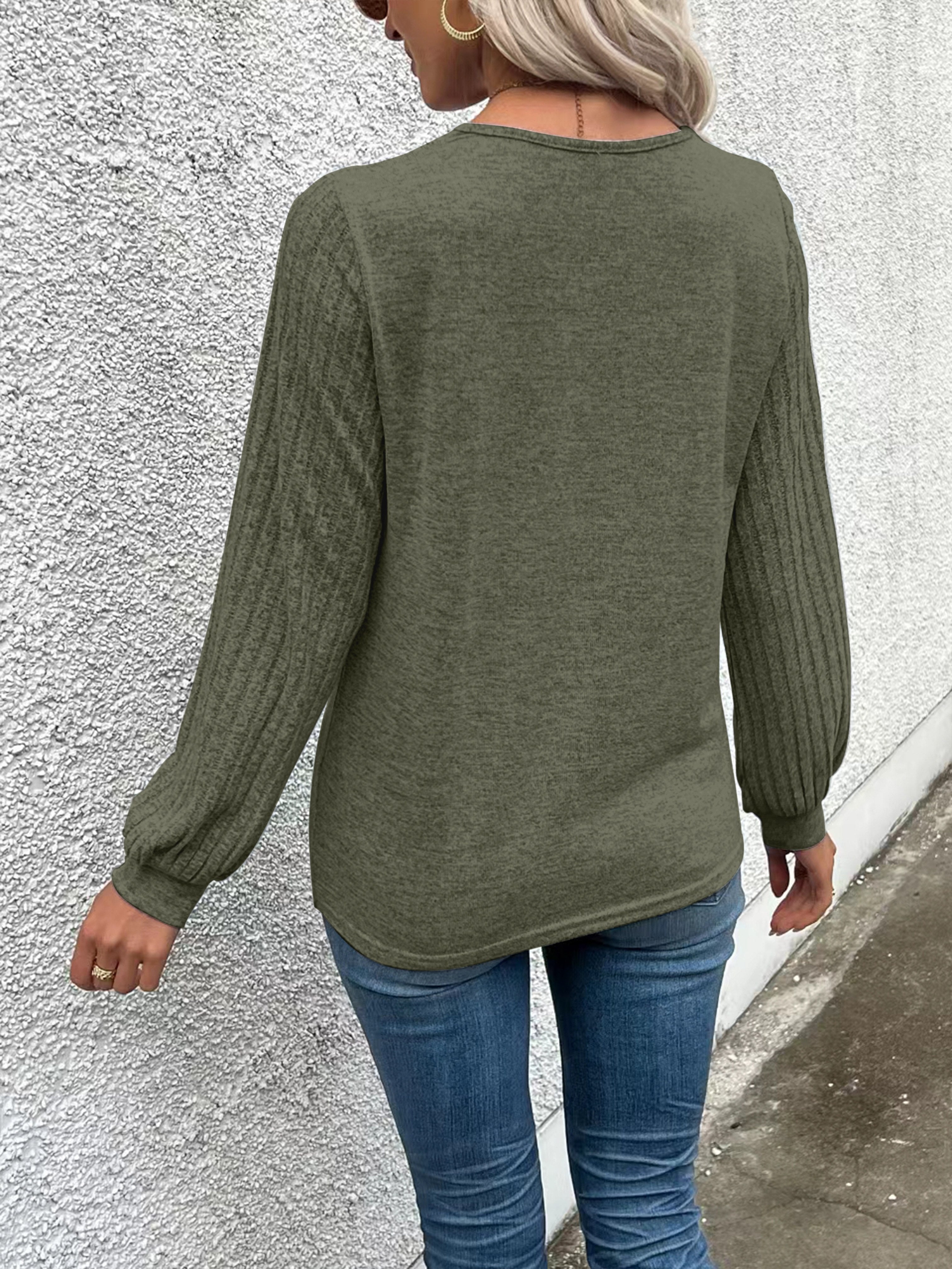 Stylish V Neck Long Sleeve Ribbed T-shirt - Women's Elegant Daily T-Shirts with Buttons - Soft, Breathable, and Comfortable Clothing for Everyday Wear
