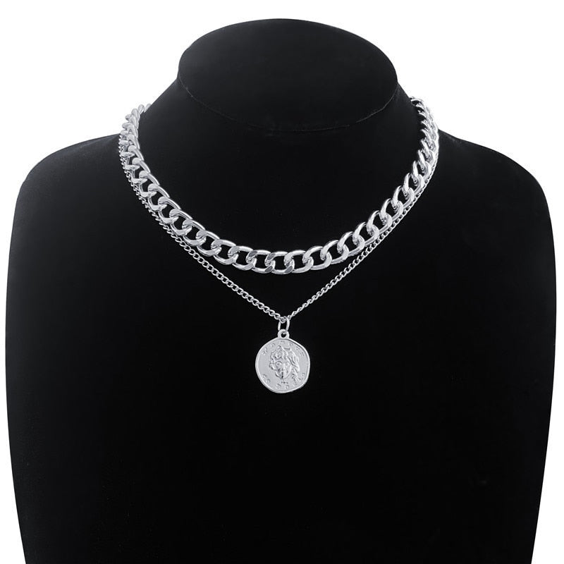 Retro Portrait Exaggerated Thick Chain Necklace Double Layer Cool Chain Hip Hop Necklace Short Clavicle Chain Accessories