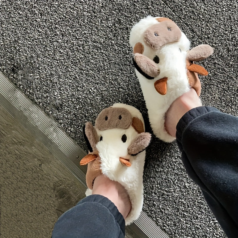 Womens Cartoon Cow Slippers - Plush Warm Lining, Closed Toe Fuzzy Slides, Ultimate Indoor Comfort for Cozy Days