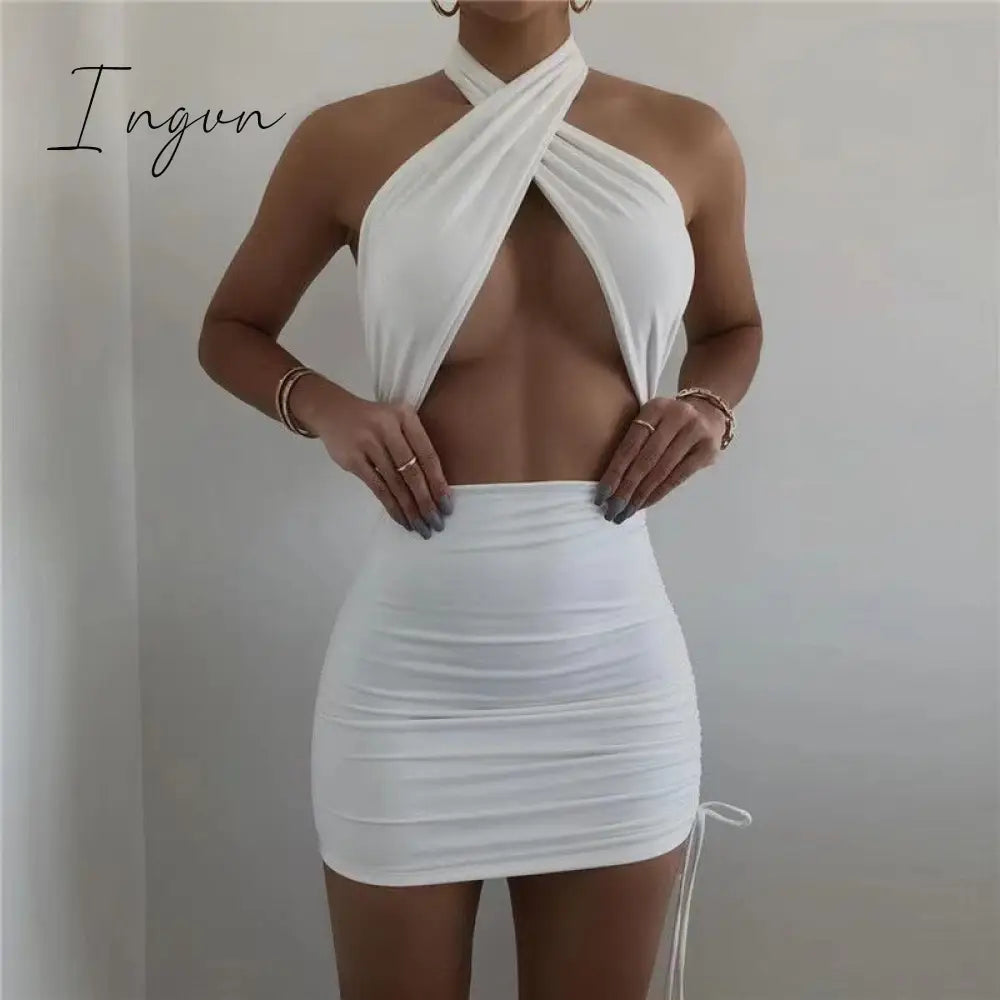 Ingvn - New Summer Sexy Women's Coffee Color Cross Hanging Neck Sleeveless Tight Mini Dress