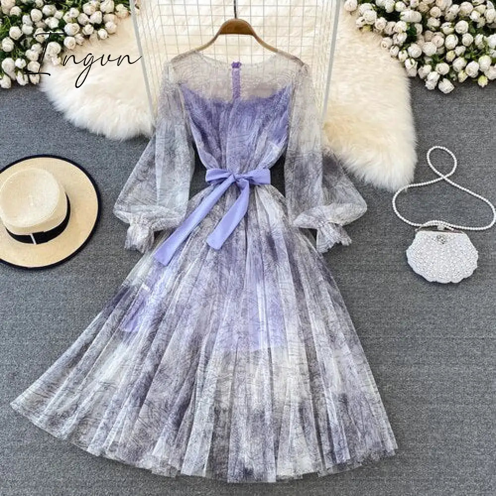 Ingvn - Sexy Mesh Printed Dress Women Spring Autumn Round Neck Puff Long Sleeve Ink Pattern A-Line Big Swing Vestidos Female New