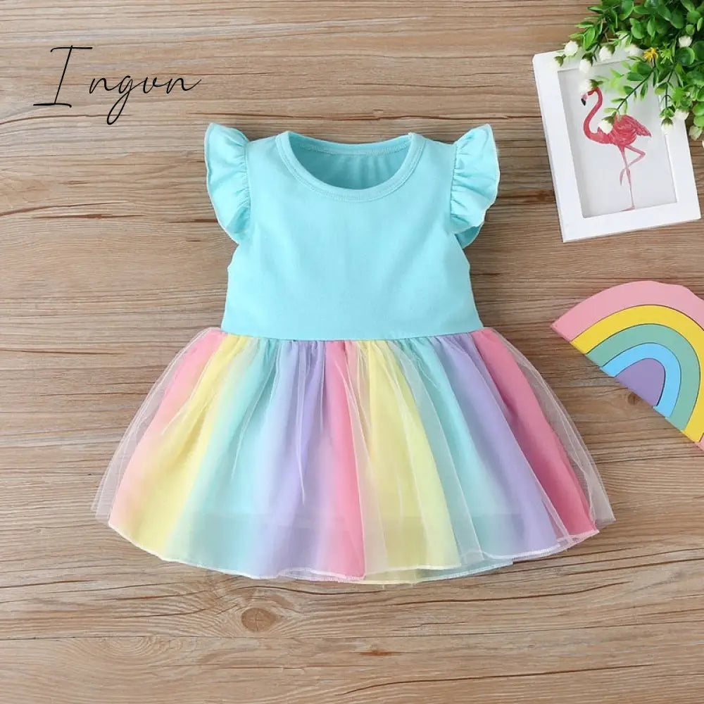 Ingvn - New Summer Baby Girls Tutu Dress Children Party Little Girl Kids Clothes Flying Sleeve Princess Rainbow Patchwork Outfits Dress
