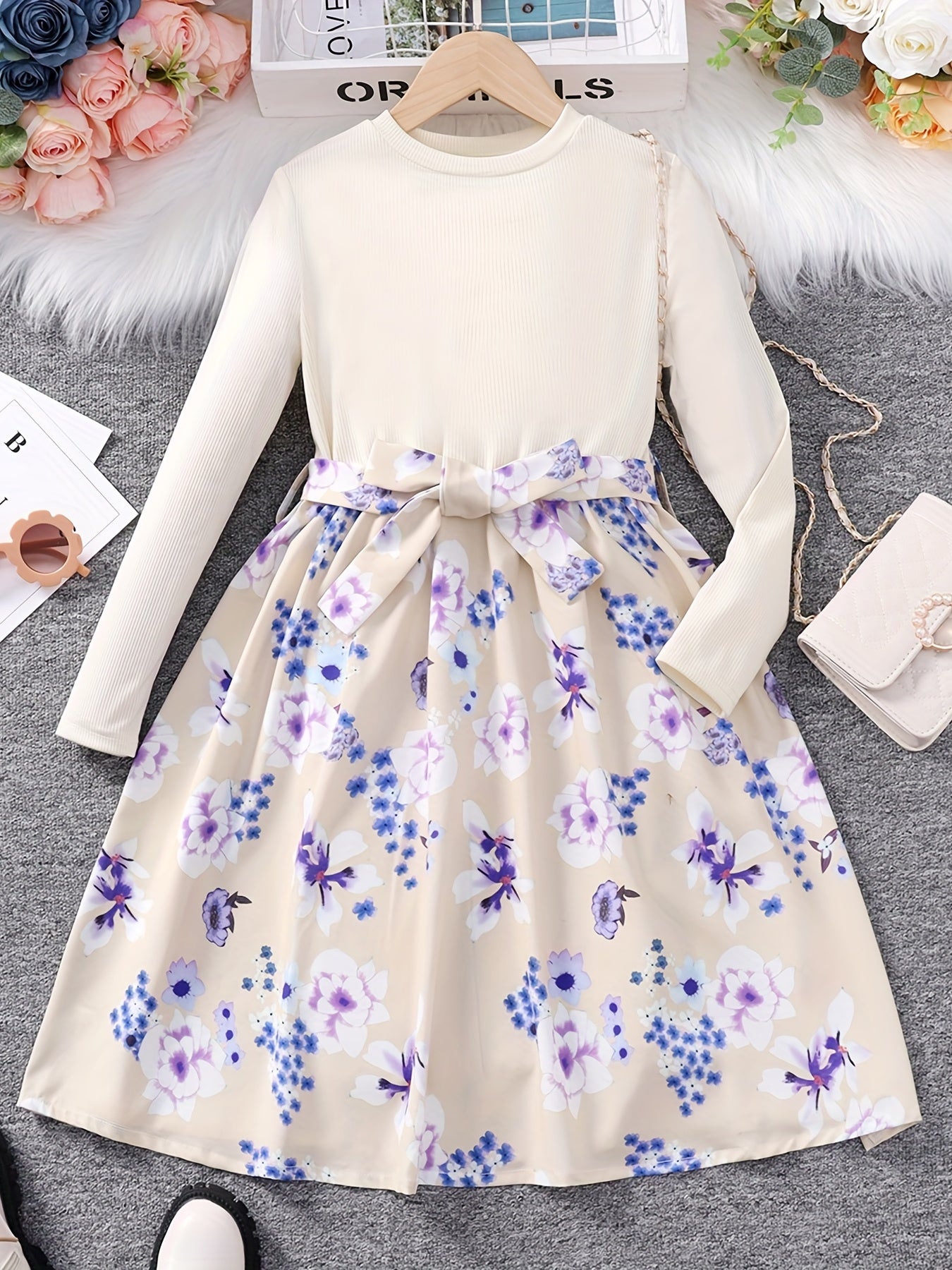 Adorable Floral Belted Dress for Girls - Long Sleeves, Round Neck, Splicing Design, Party-Perfect, Spring Collection, Kids' Clothing