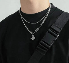 INGVN  Hip Hop Zircon Star Double Layer Necklace For Men Women Trend Charm Titanium Steel Pendant Chain Unisex Jewelry