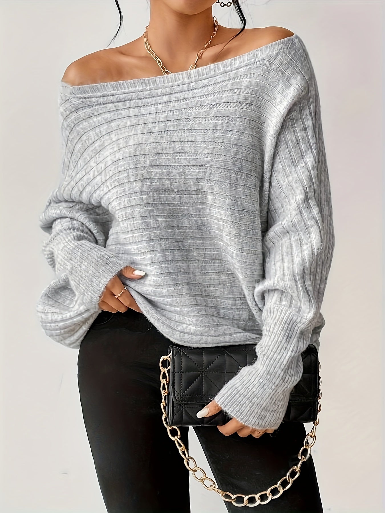 Long Sleeve Ribbed Crew Neck T-Shirt for Spring & Fall, Elegant Women's Clothing
