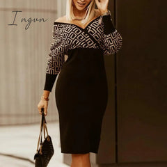 Ingvn - Women Deep V-Neck Striped Plaid Party Dress Long Sleeve Spring Autumn Casual Ladies Hip Dress Skinny Sweet Streetwear Vestidos