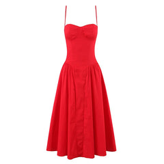 Women Sexy Spaghetti Straps Red Evening Party Dresses Pretty Girl Low Waist Flare And Flare Birthday Dresses Cotton