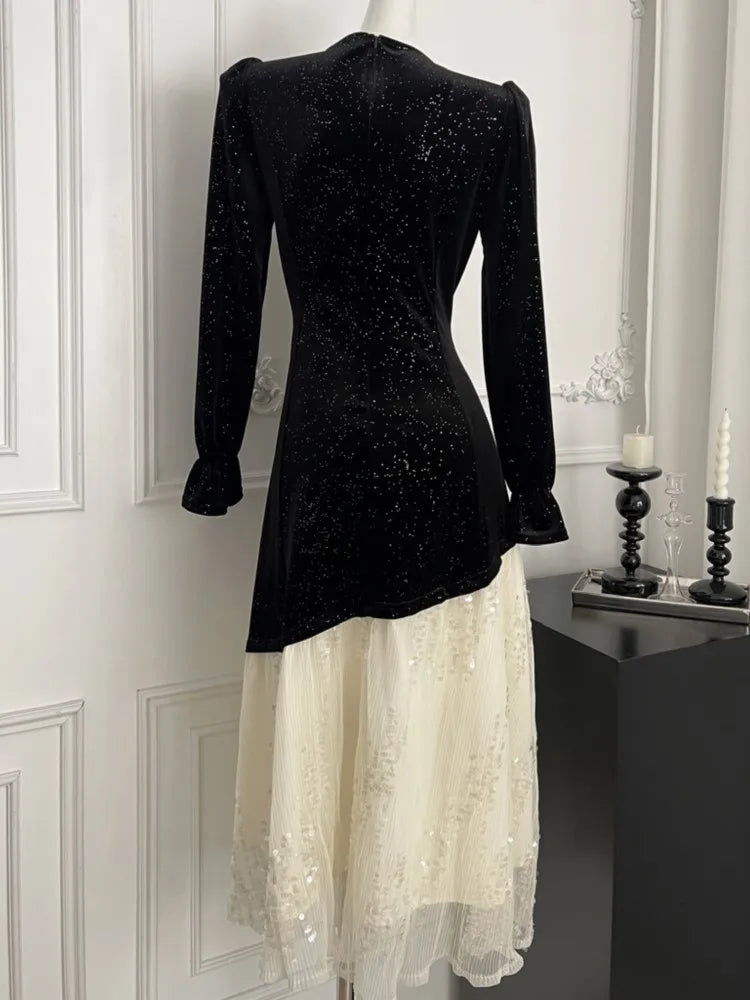 Autumn Winter Sequins Womens Dresses Velvet Mesh Patchwork Square Collar Flare Sleeves Birthday Party Dress A-Line Vestidos Robe