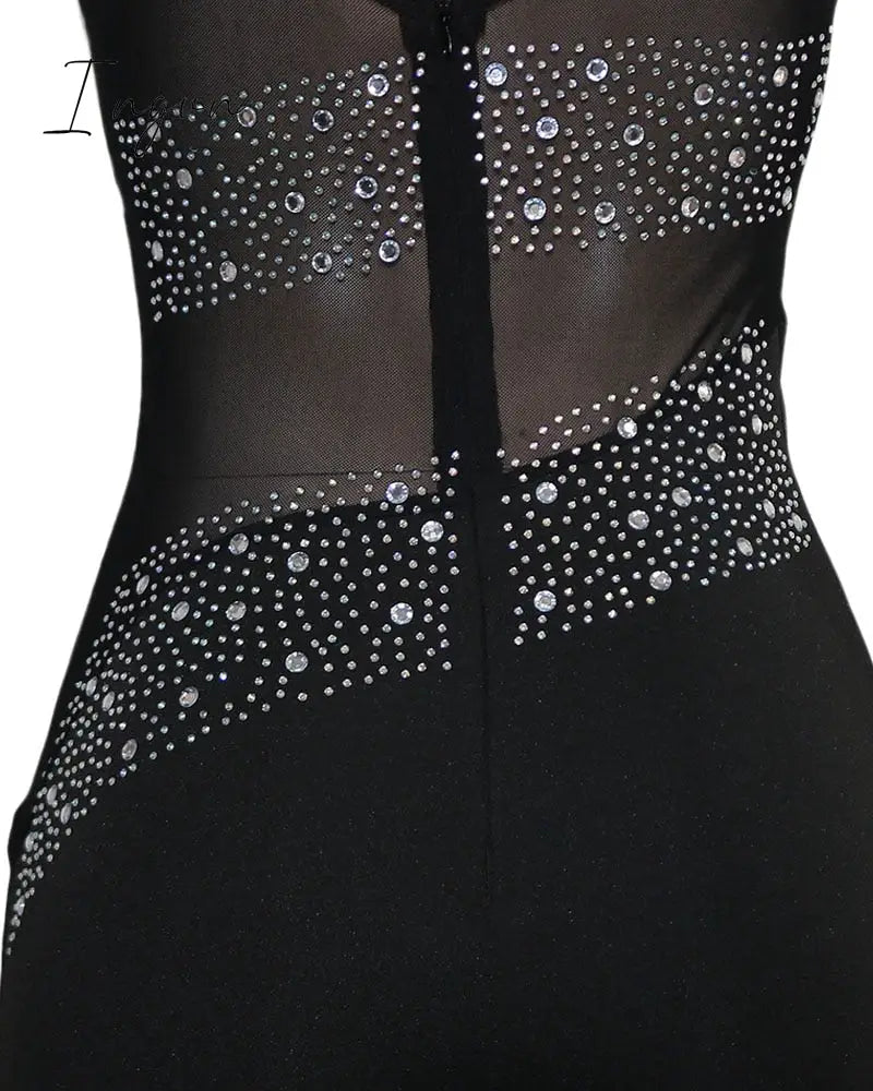 Ingvn - Women Elegant Formal Gown Maxi Dress Female Stylish Long Party Dress Rhinestone Mesh Splicing Evening Dress