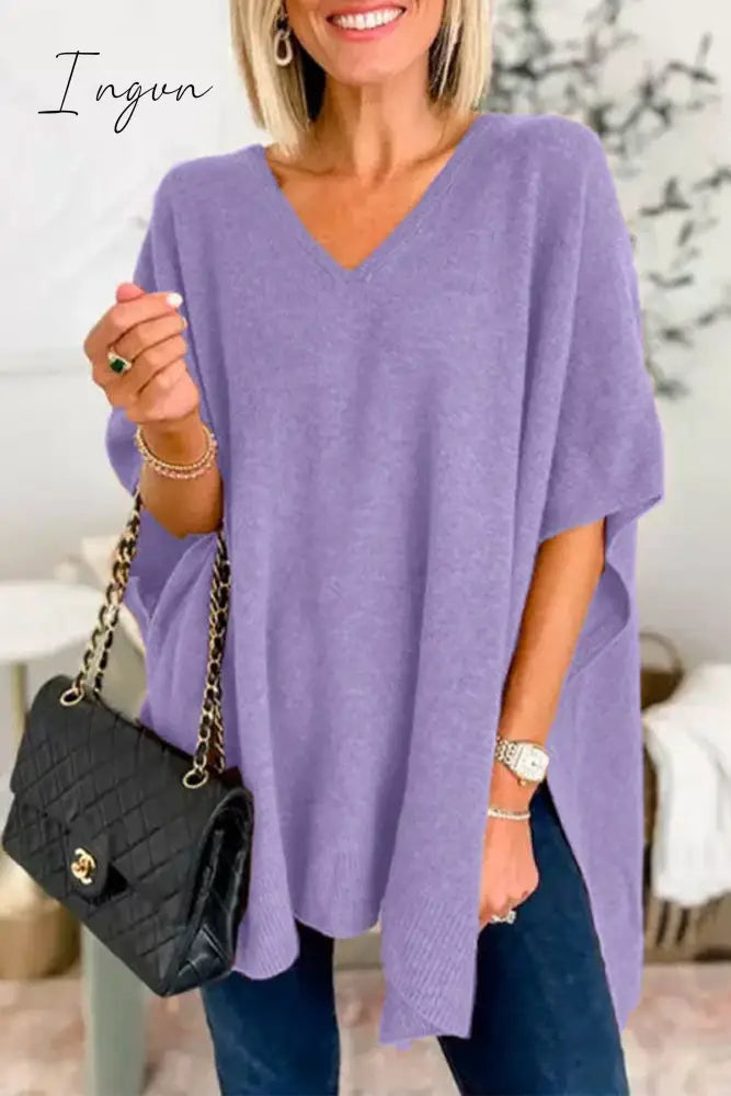 Ingvn - Casual Simplicity Solid Slit V Neck Tops