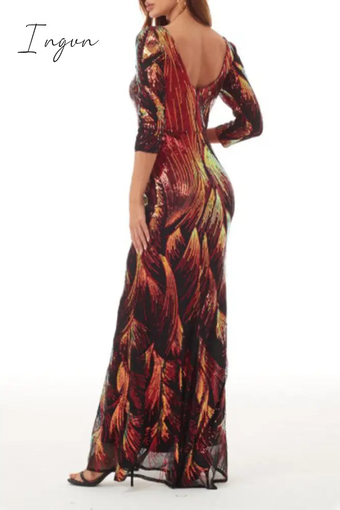 Ingvn - Elegant College Color Block Sequins Patchwork O Neck Evening Dress Dresses