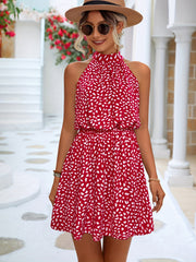 Stylish Spring & Summer Essential: Hearts Print Halter Neck Dress, Sleeveless Bow Back Slim Fit Casual Dress for Women