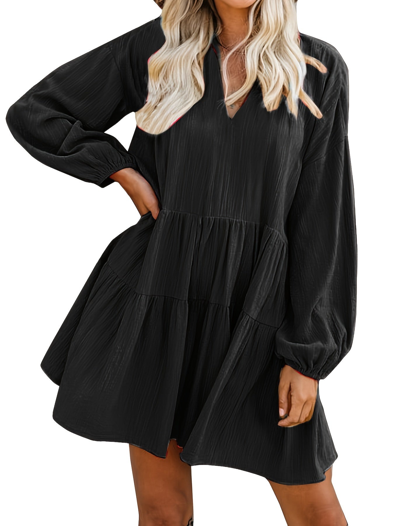 Long Sleeve Solid Color V Neck Loose Babydoll Dress, Casual Ruffle Hem For Spring & Fall, Women's Clothing