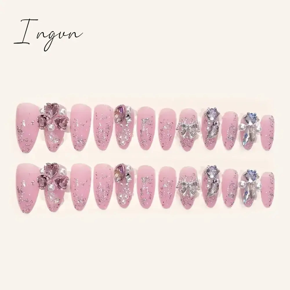24PCS/Set Long Oval False Nails 3D Heart Sparkling French Press On Nails Pink Full Cover Fake Nail Crystal Gem Design Nails Tips