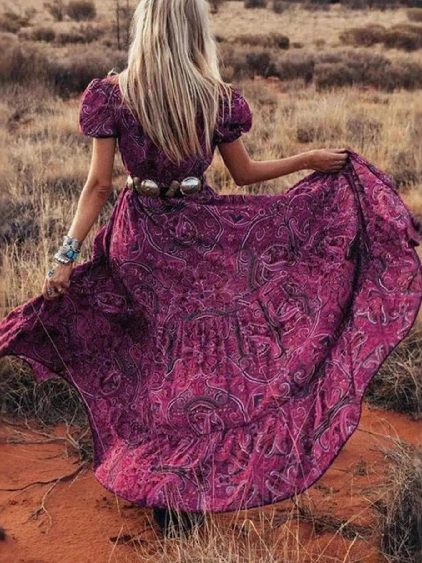 Full Size Printed Puff Sleeve Maxi Dress Plus Size